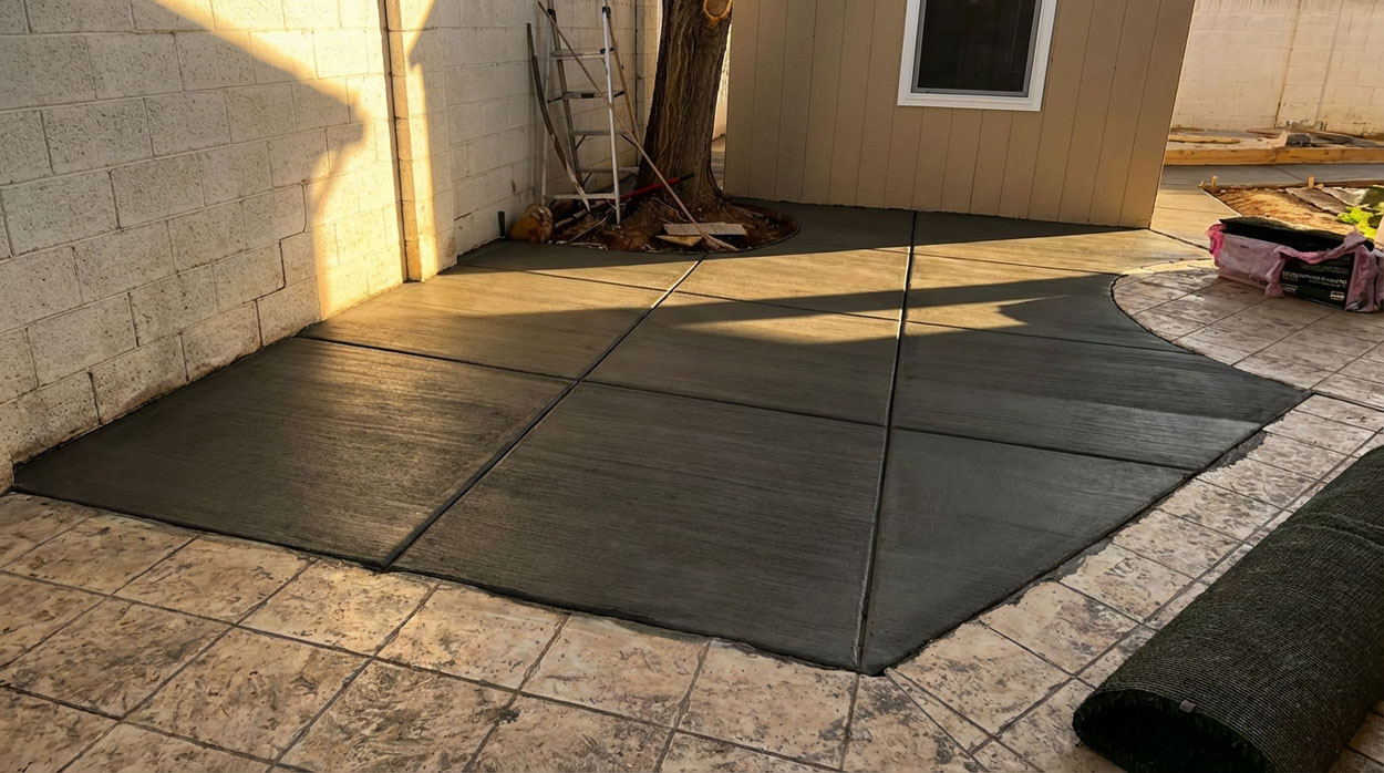 Broom finish concrete patio slab in Albuquerque backyard