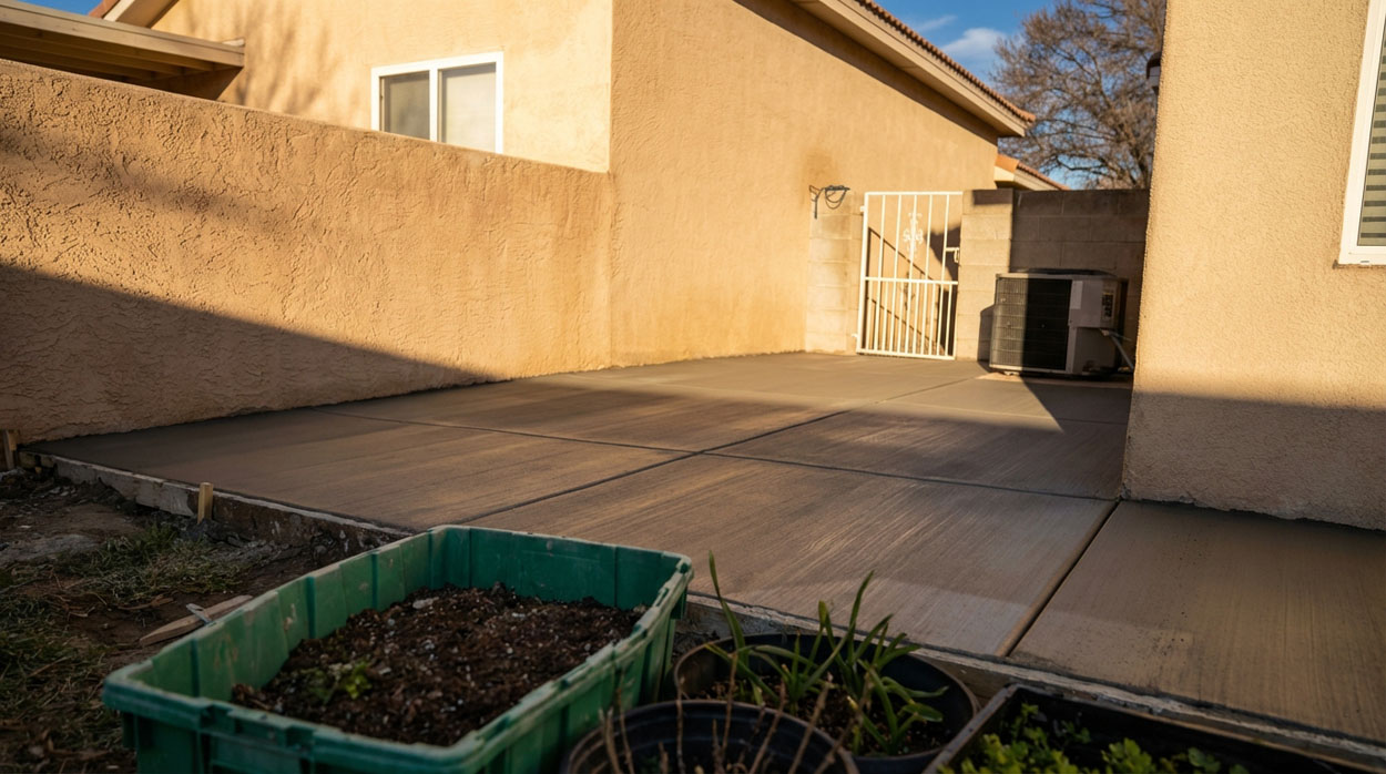 Fresh backyard concrete patio slab pour