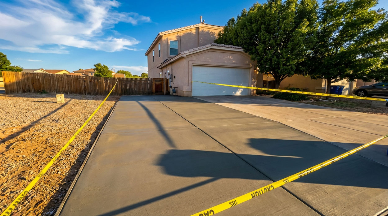 Freshly poured concrete driveway extension