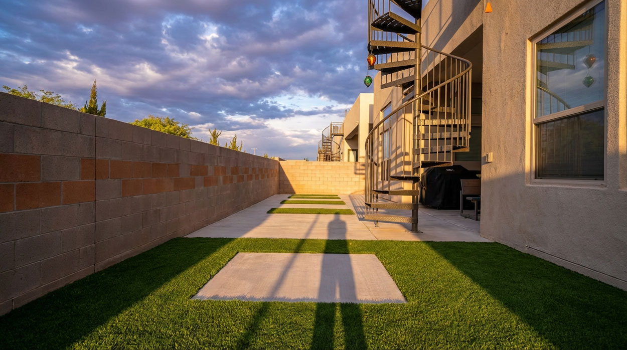 Modern concrete patio with pavers in backyard
